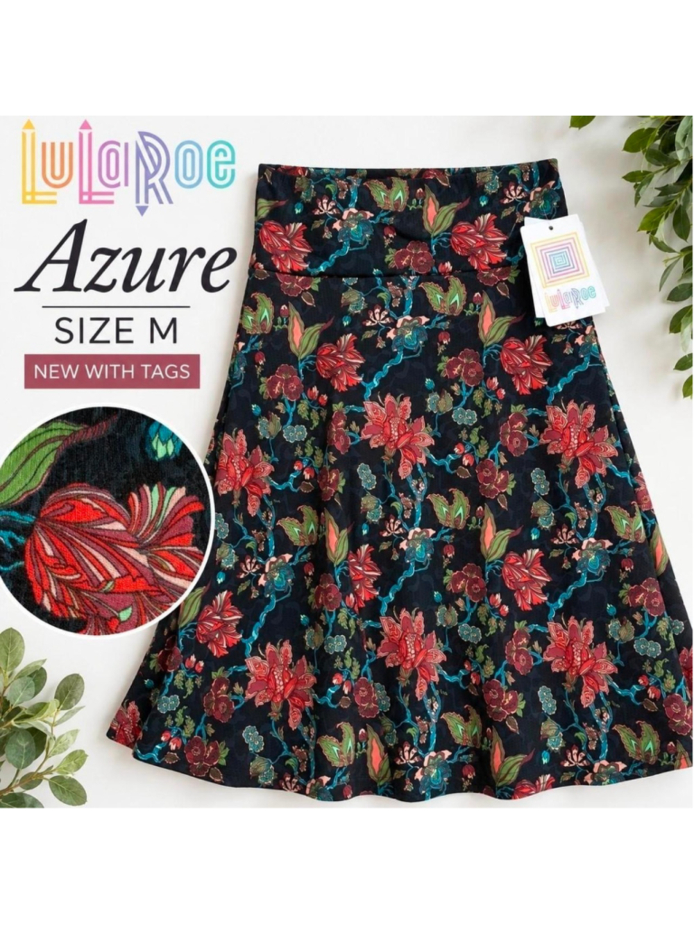 LuLaRoe Azure Skirt Medium Black Floral A-Line Midi NWT